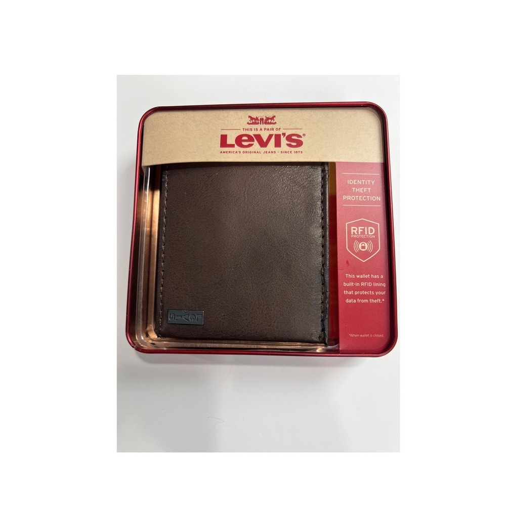 Levi's Bifold Wallet Mens NS Brown RFID Protection Leather Accessory Gift Tin A5